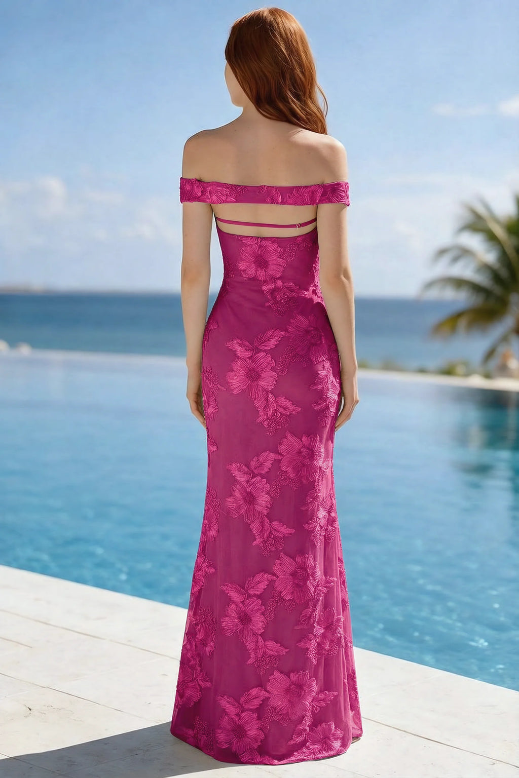 Poolside rear view of Bridgette fuchsia dress showing the open upper back and long hem