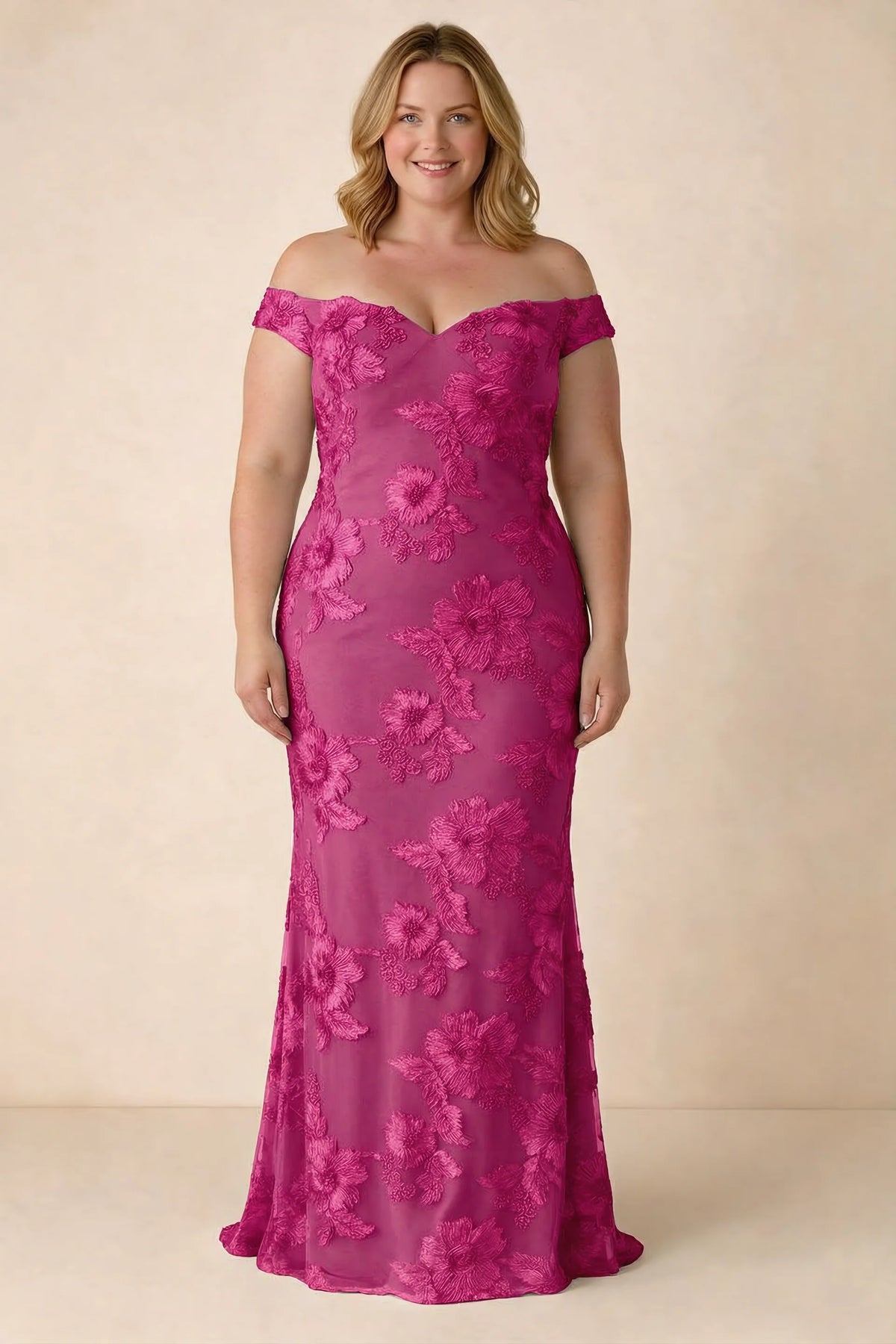 Front studio view of Bridgette fuchsia dress on a second model, showing the floral silhouette