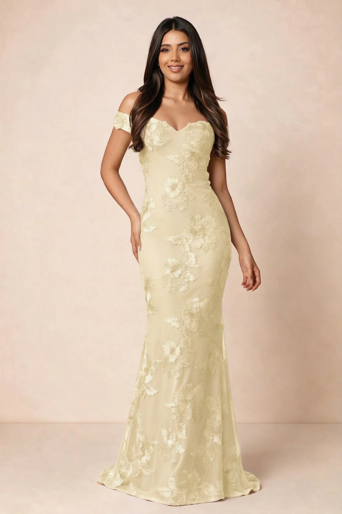 Front studio view of Bridgette lemon floral maxi dress with an off-shoulder sweetheart neckline