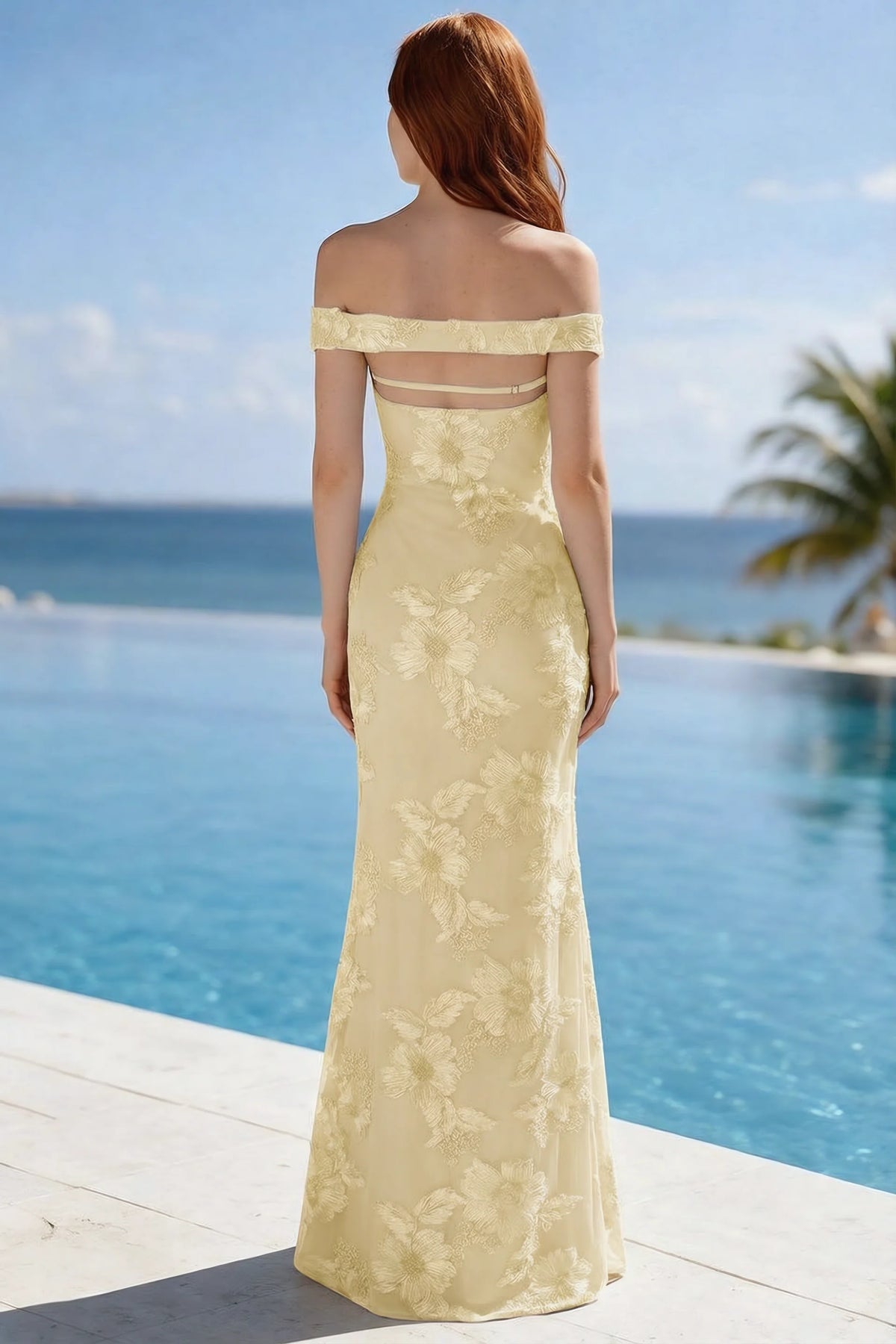 Poolside rear view of Bridgette lemon dress showing the open upper back and long hem