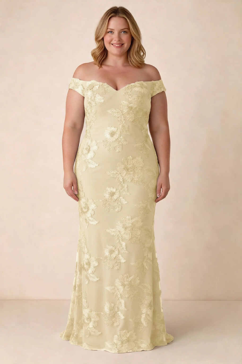 Front studio view of Bridgette lemon dress on a second model, showing the floral silhouette