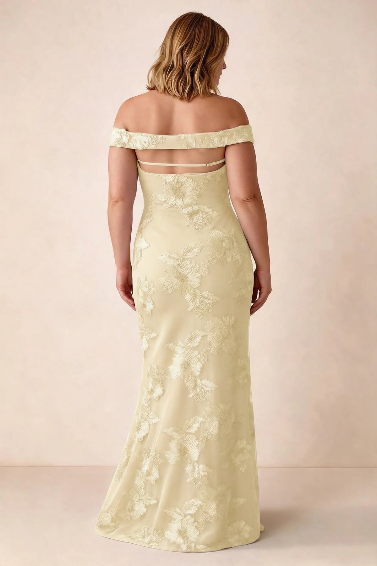 Rear studio view of Bridgette lemon dress on a second model, showing the flared skirt