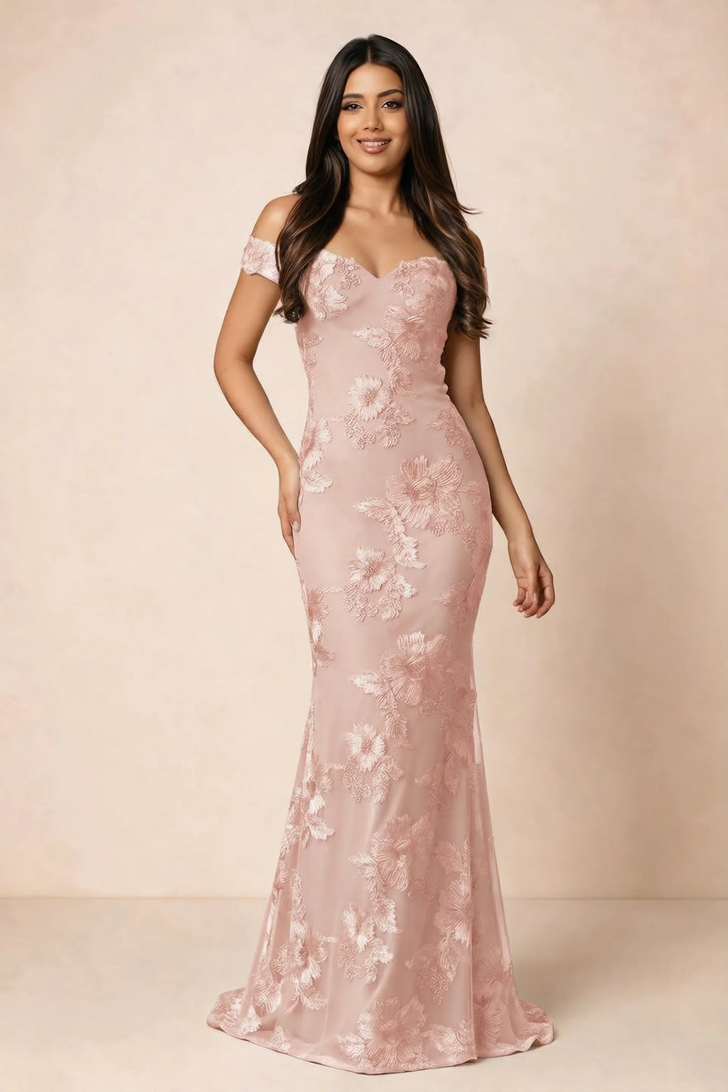 Front studio view of Bridgette light pink floral maxi dress with an off-shoulder sweetheart neckline