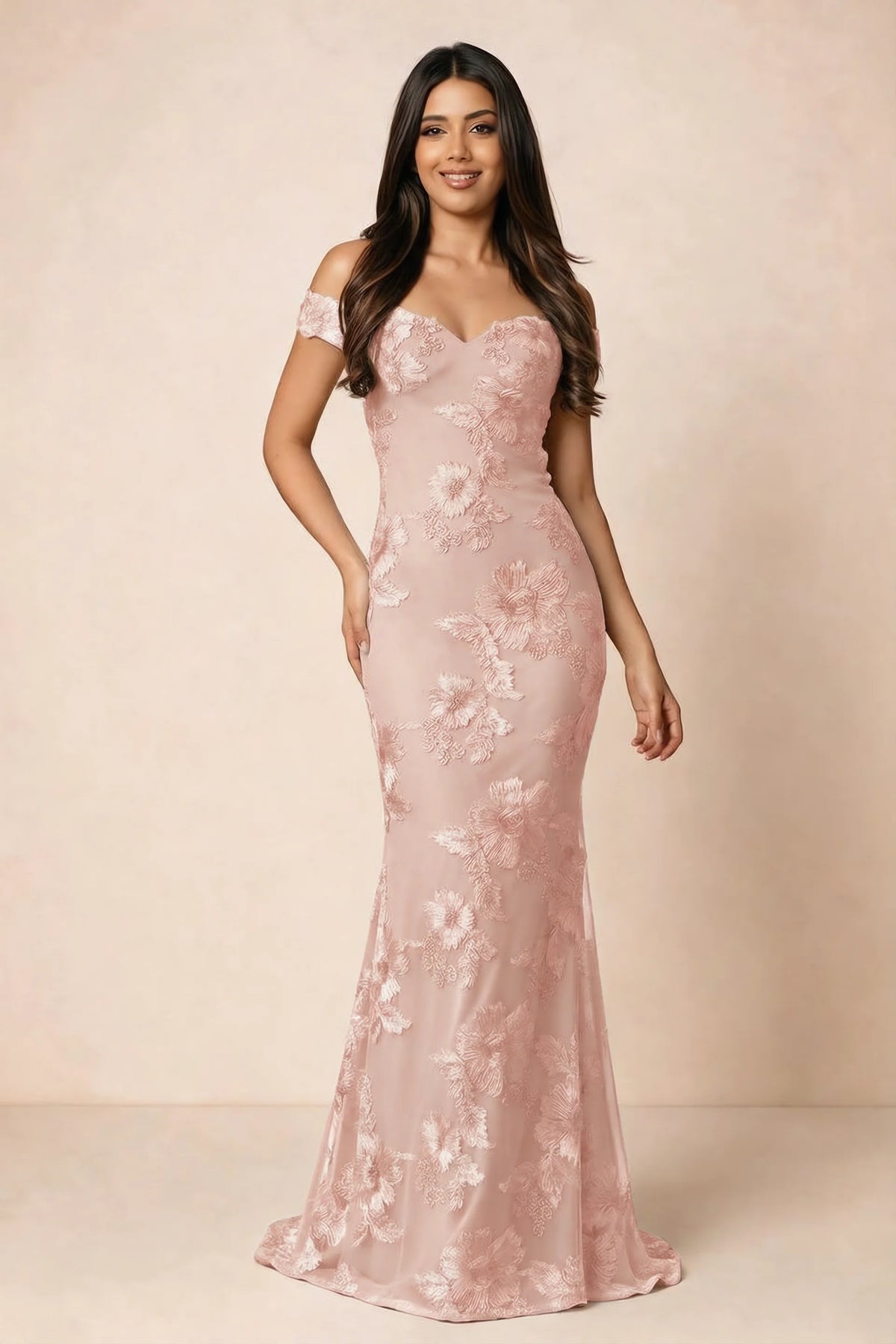 Front studio view of Bridgette light pink floral maxi dress with an off-shoulder sweetheart neckline