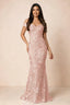 Front studio view of Bridgette light pink floral maxi dress with an off-shoulder sweetheart neckline