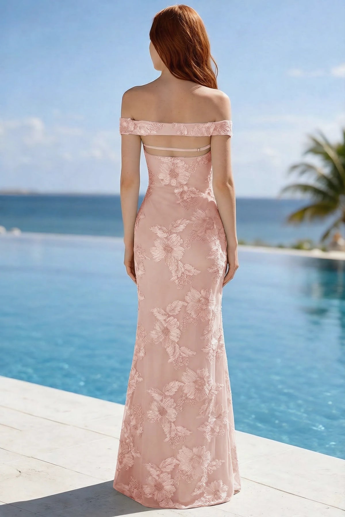 Poolside rear view of Bridgette light pink dress showing the open upper back and long hem
