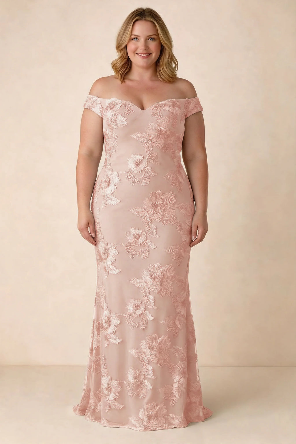 Front studio view of Bridgette light pink dress on a second model, showing the floral silhouette