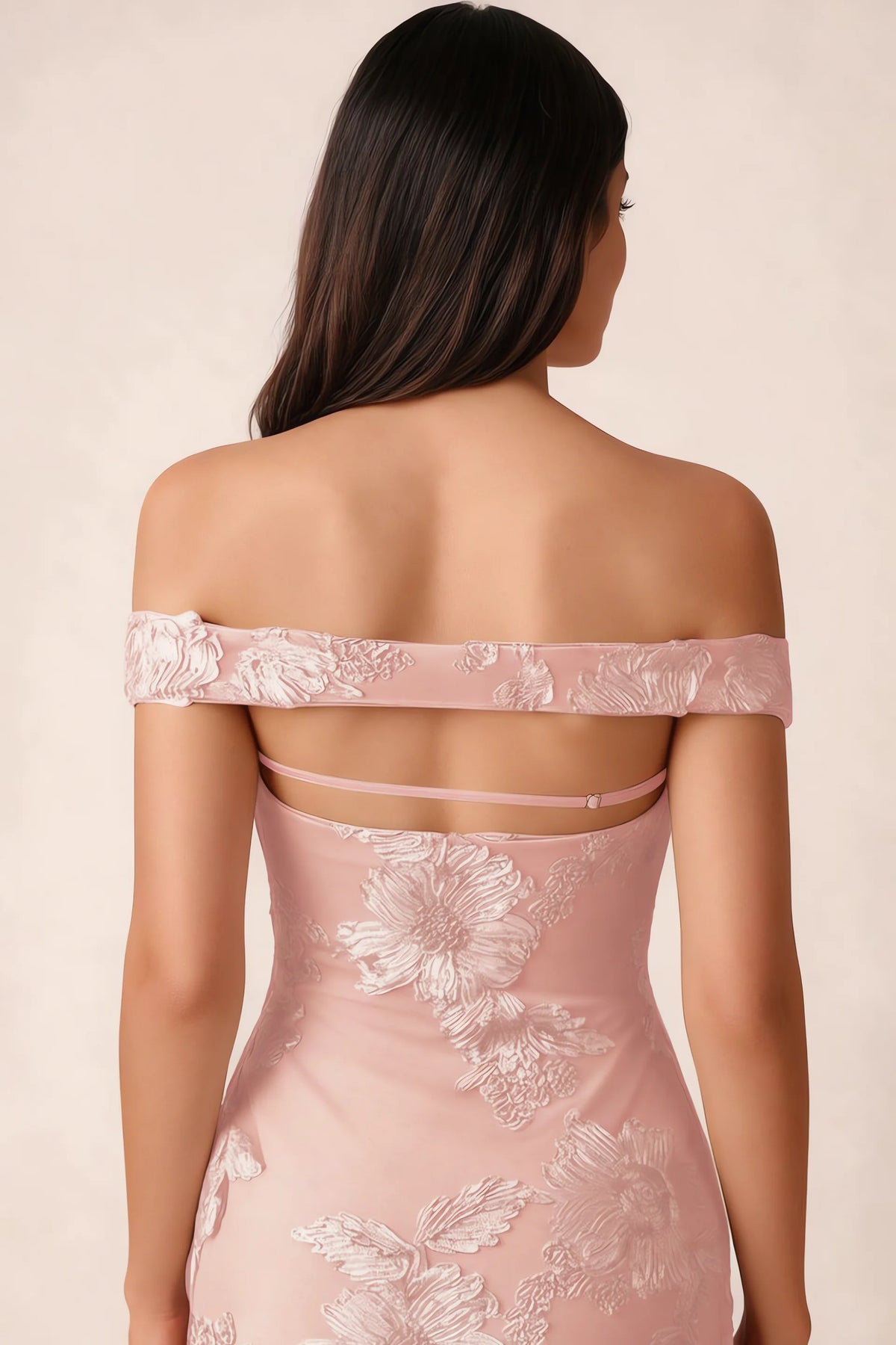 Close-up of Bridgette light pink open back framed by the shoulder band and slim horizontal strap