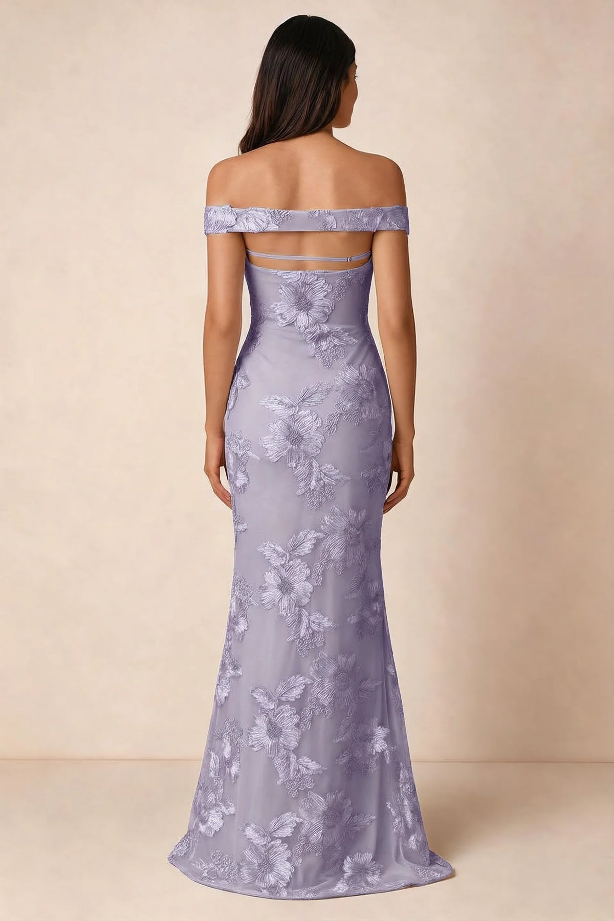 Rear studio view of Bridgette pale purple dress showing the horizontal straps across the open upper back