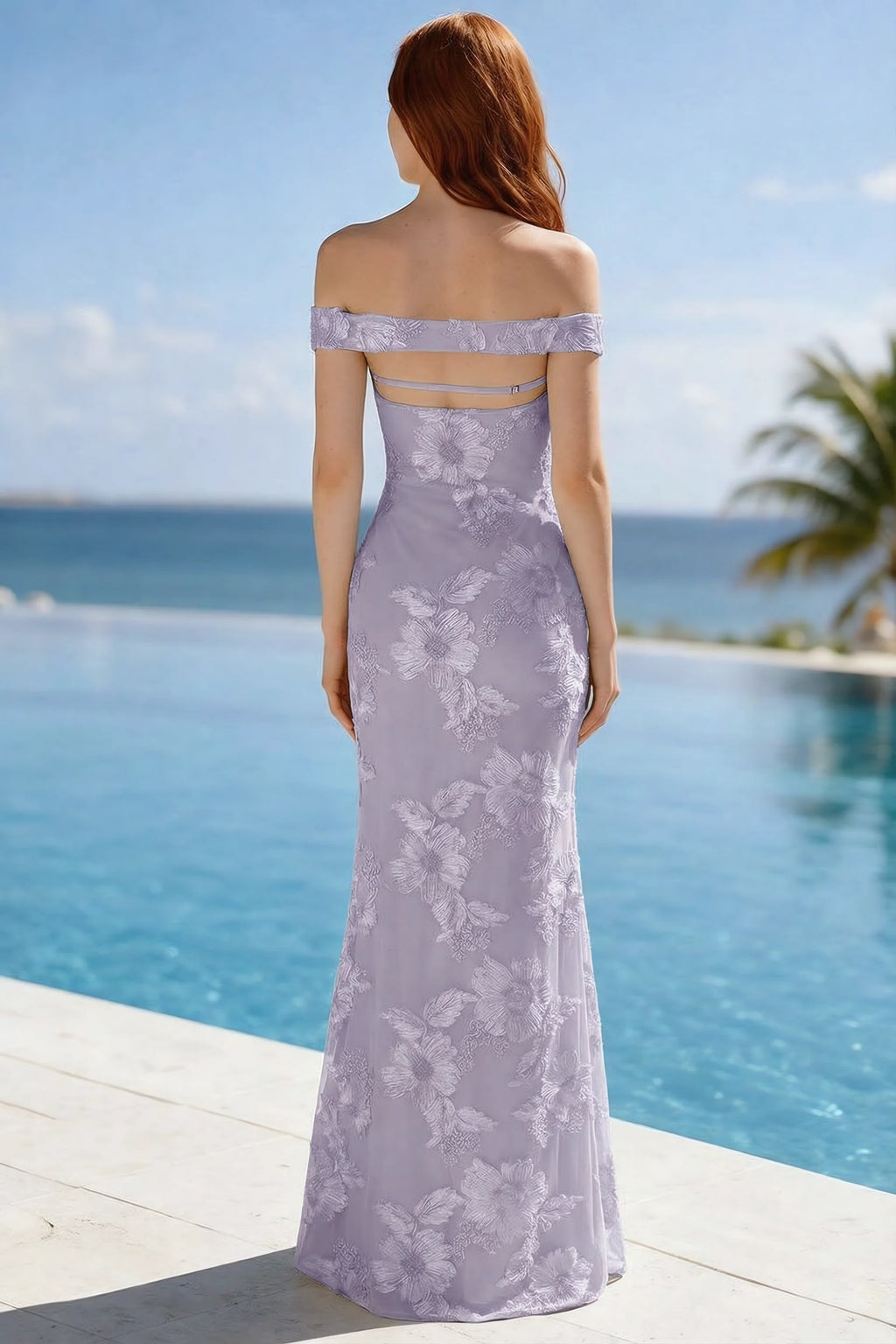 Poolside rear view of Bridgette pale purple dress showing the open upper back and long hem