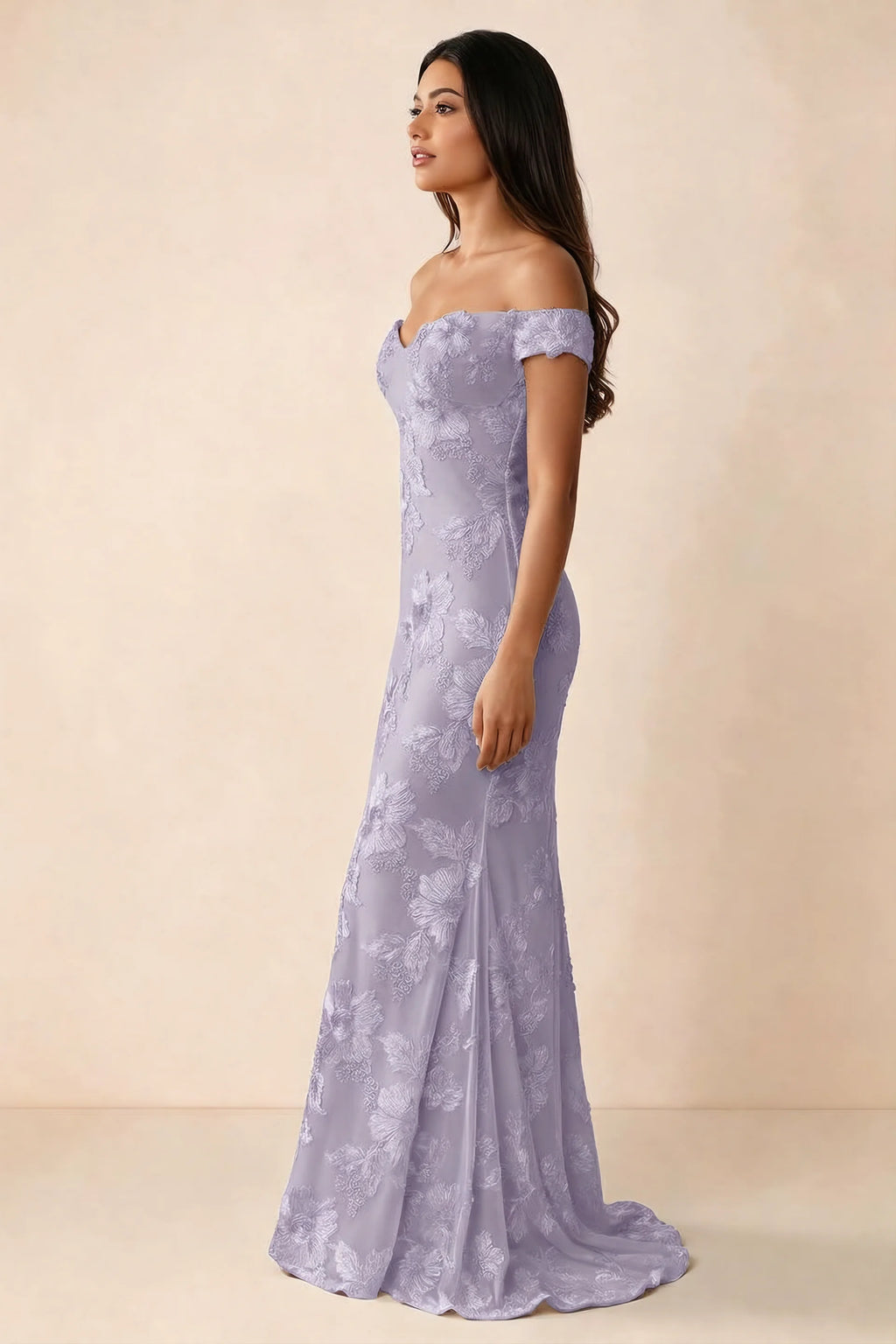 Side studio view of Bridgette pale purple dress showing the fitted hips and trailing back hem
