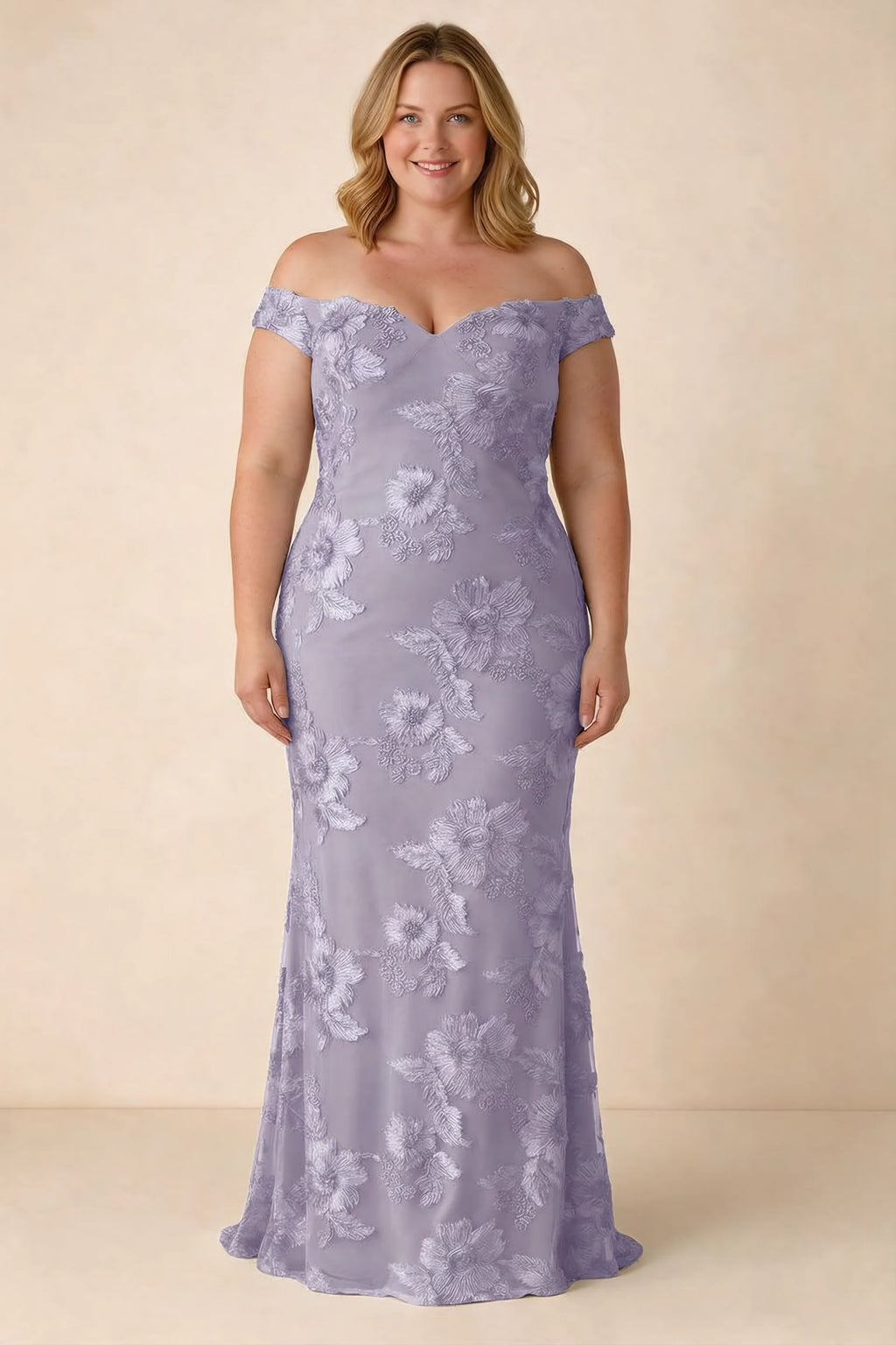 Front studio view of Bridgette pale purple dress on a second model, showing the floral silhouette