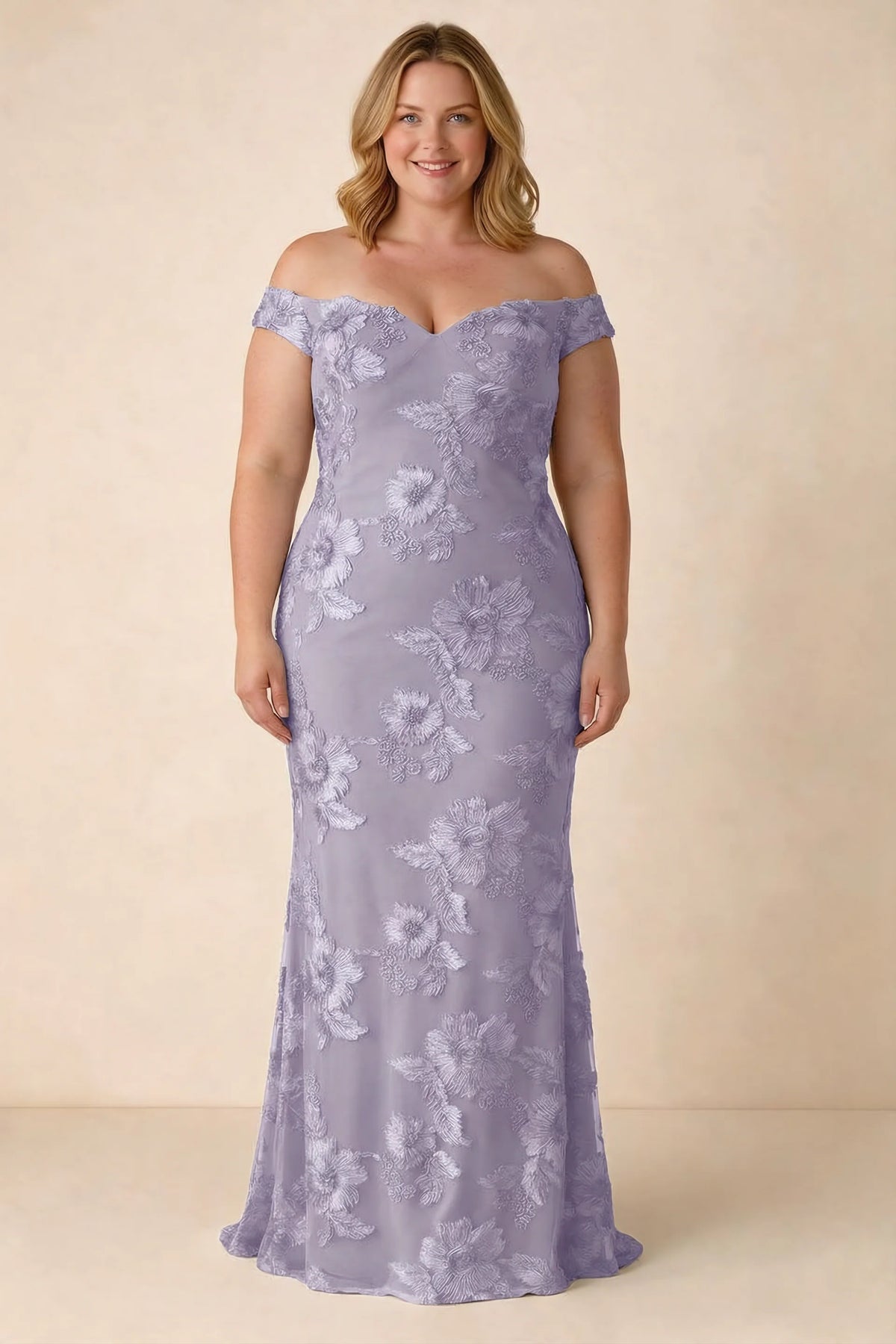 Front studio view of Bridgette pale purple dress on a second model, showing the floral silhouette