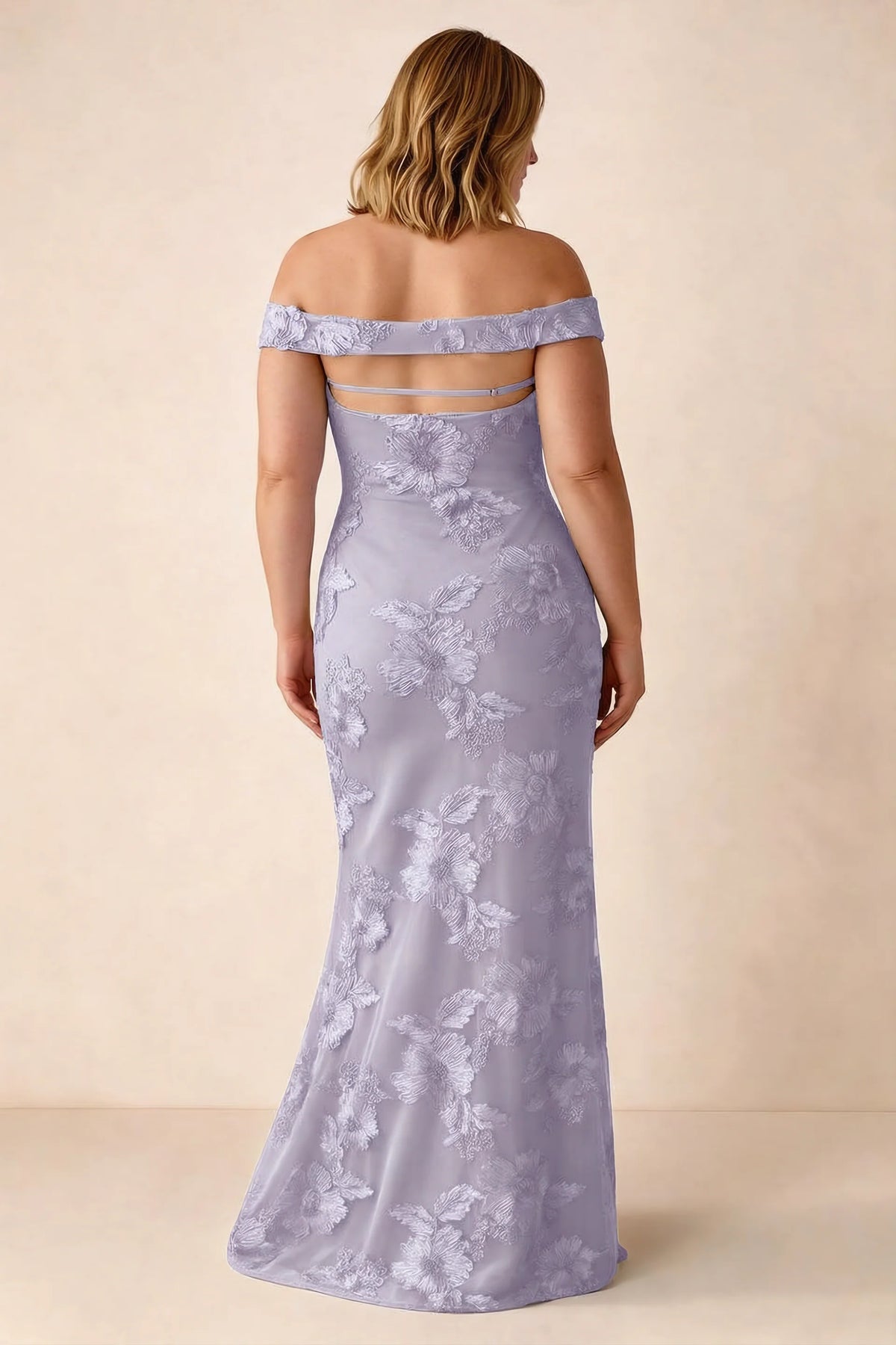 Rear studio view of Bridgette pale purple dress on a second model, showing the flared skirt