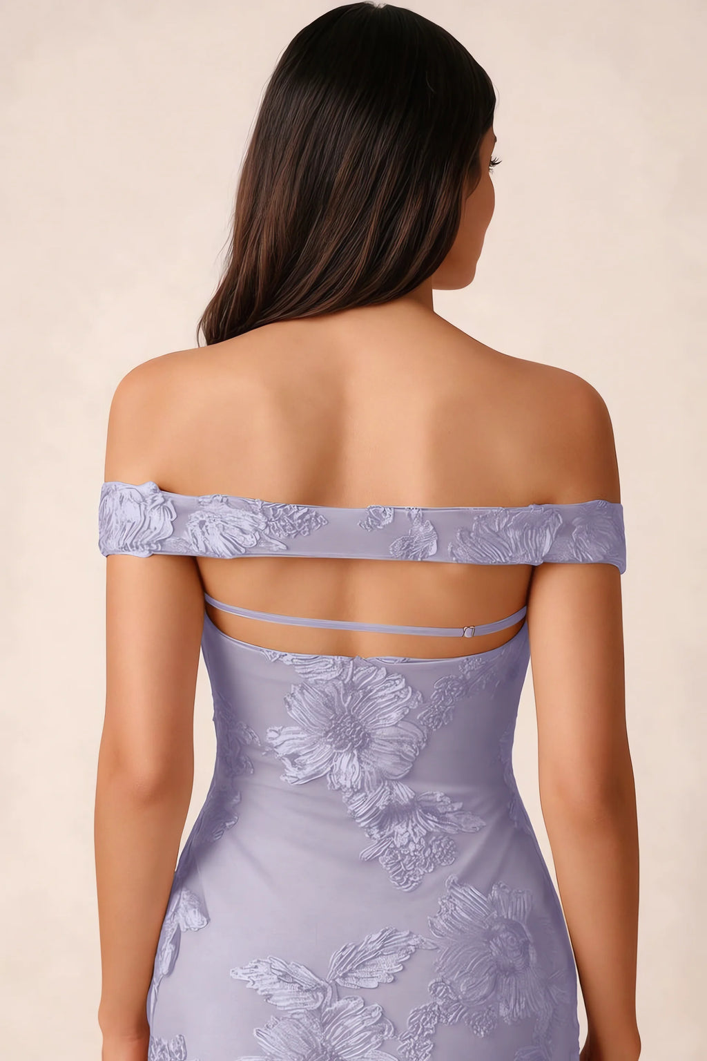 Close-up of Bridgette pale purple open back framed by the shoulder band and slim horizontal strap