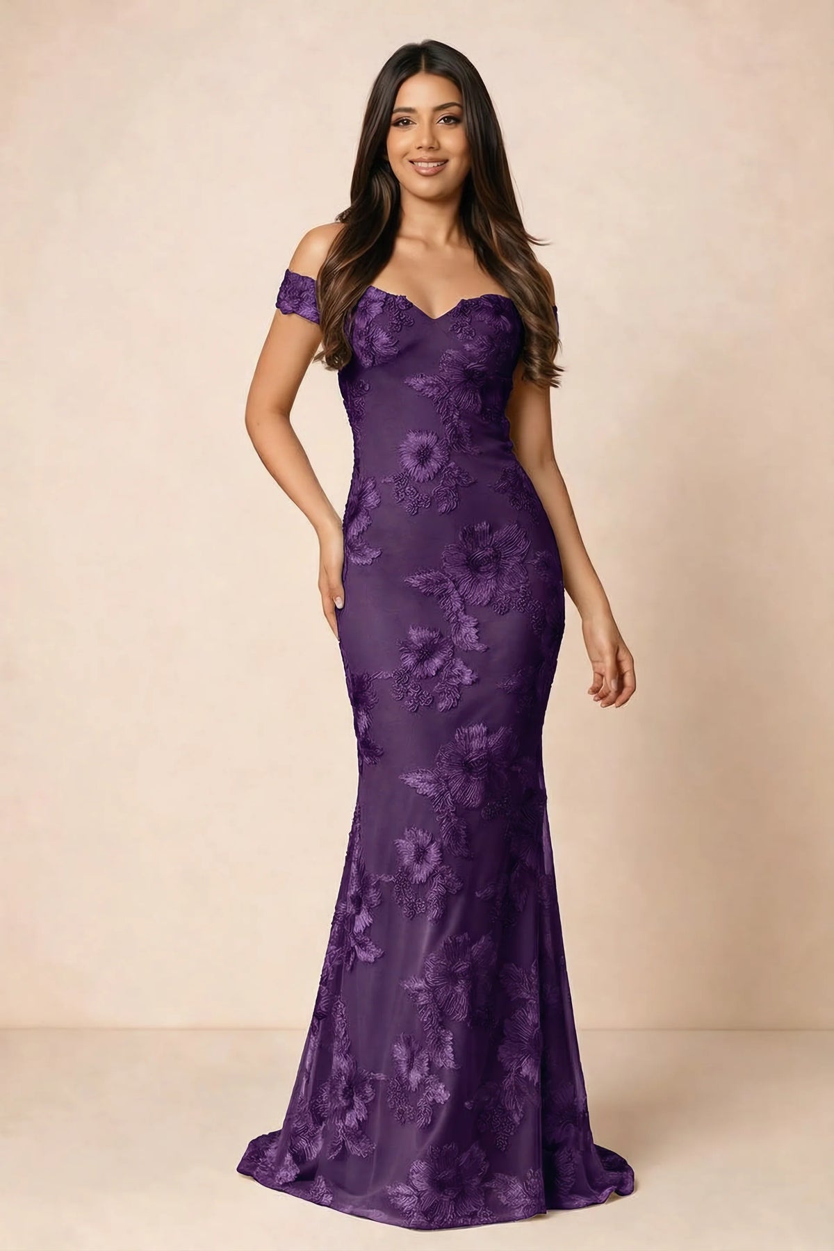 Front studio view of Bridgette plum floral maxi dress with an off-shoulder sweetheart neckline