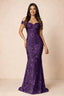 Front studio view of Bridgette plum floral maxi dress with an off-shoulder sweetheart neckline