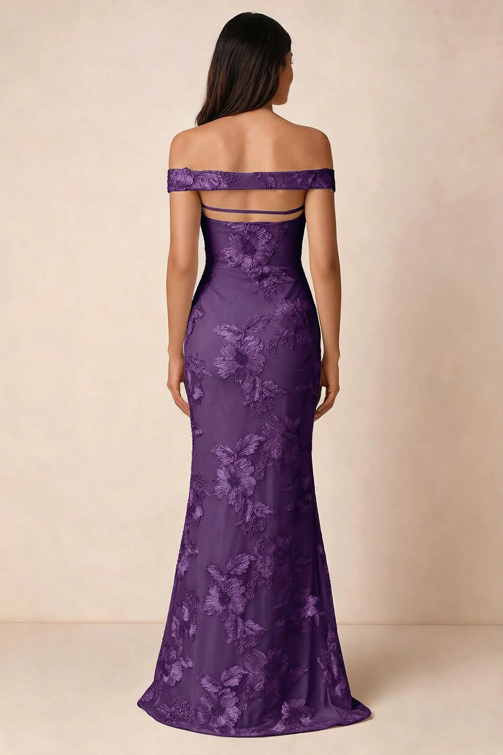 Rear studio view of Bridgette plum dress showing the horizontal straps across the open upper back