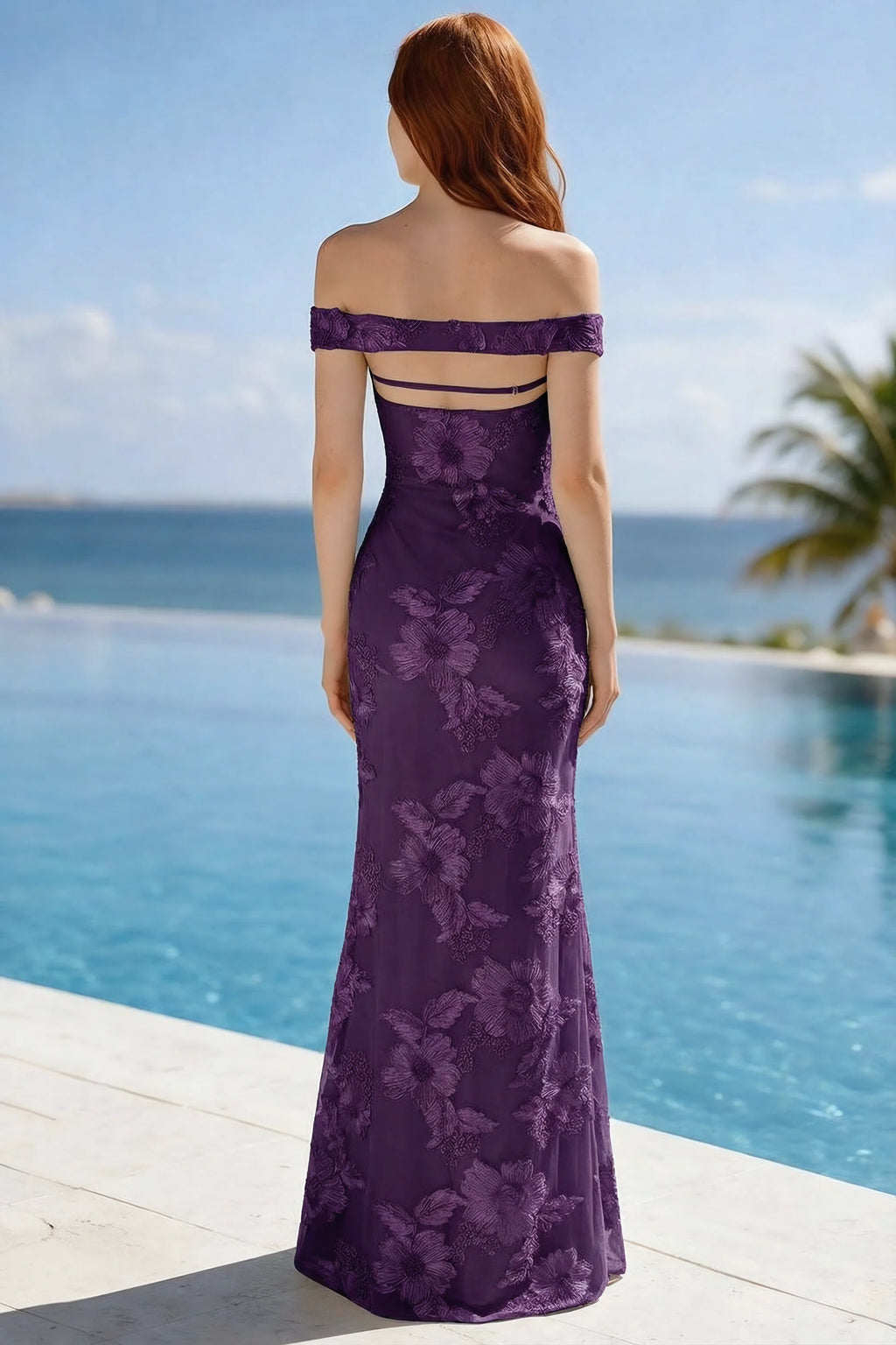 Poolside rear view of Bridgette plum dress showing the open upper back and long hem