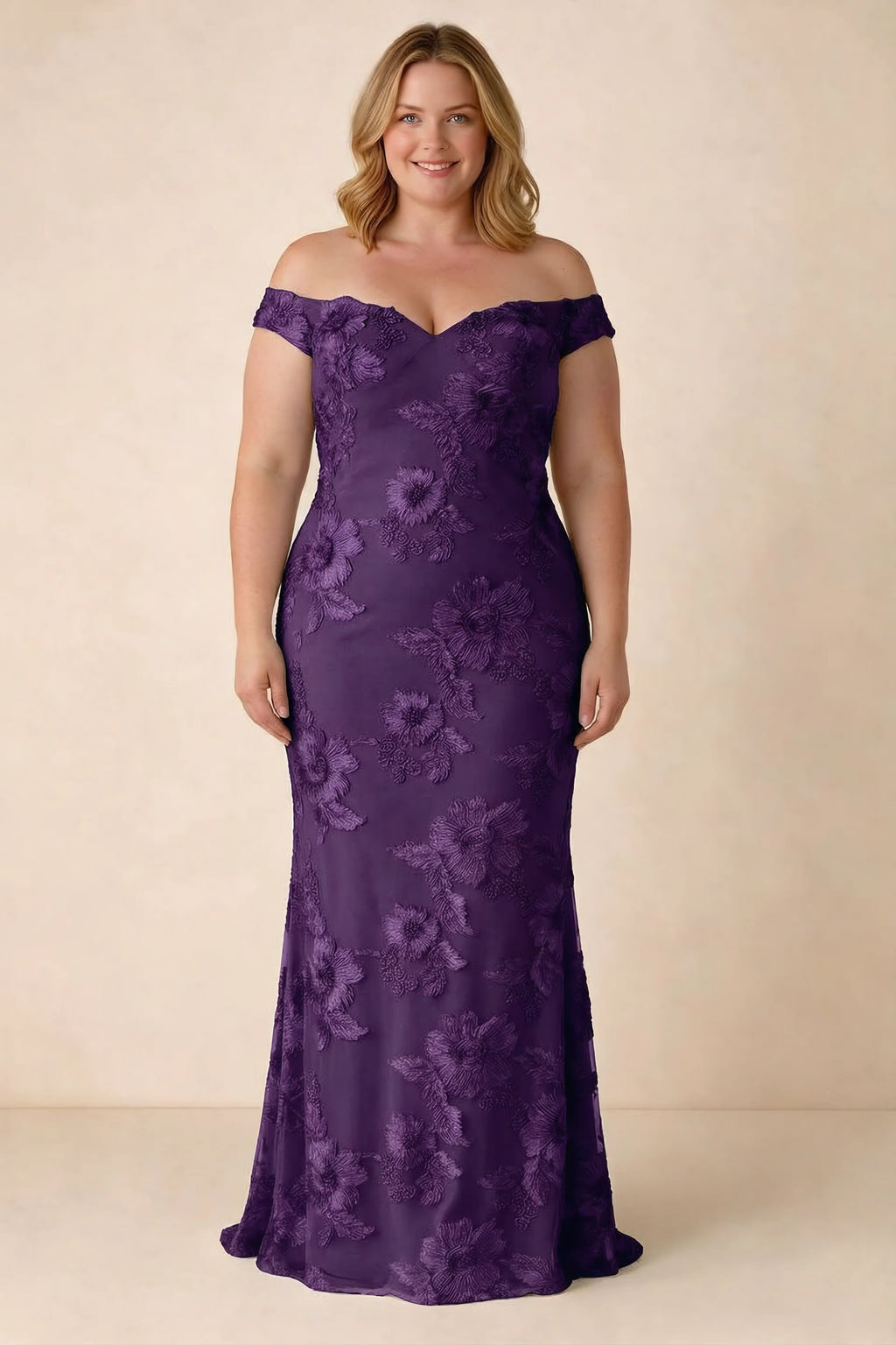 Front studio view of Bridgette plum dress on a second model, showing the floral silhouette