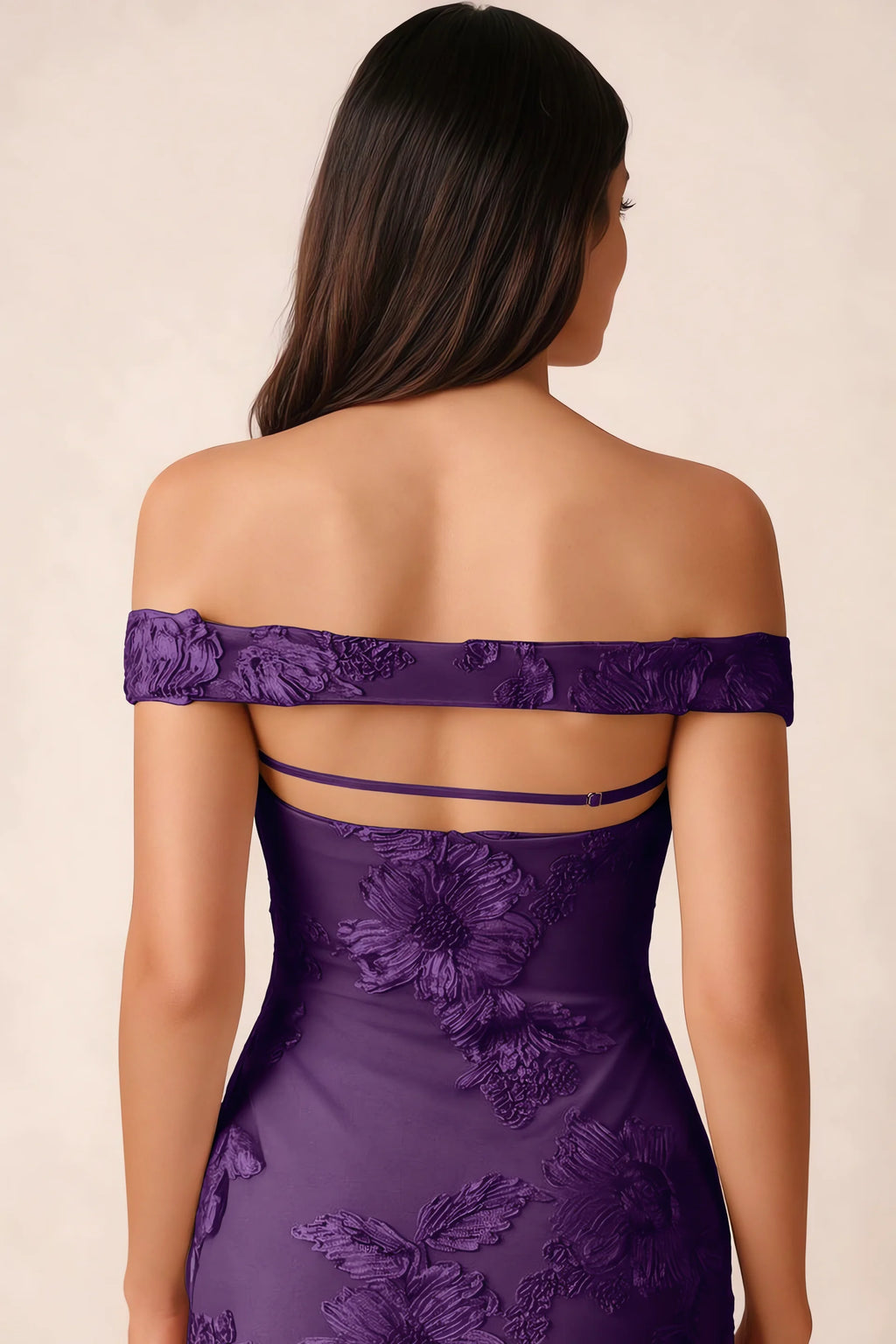 Close-up of Bridgette plum open back framed by the shoulder band and slim horizontal strap