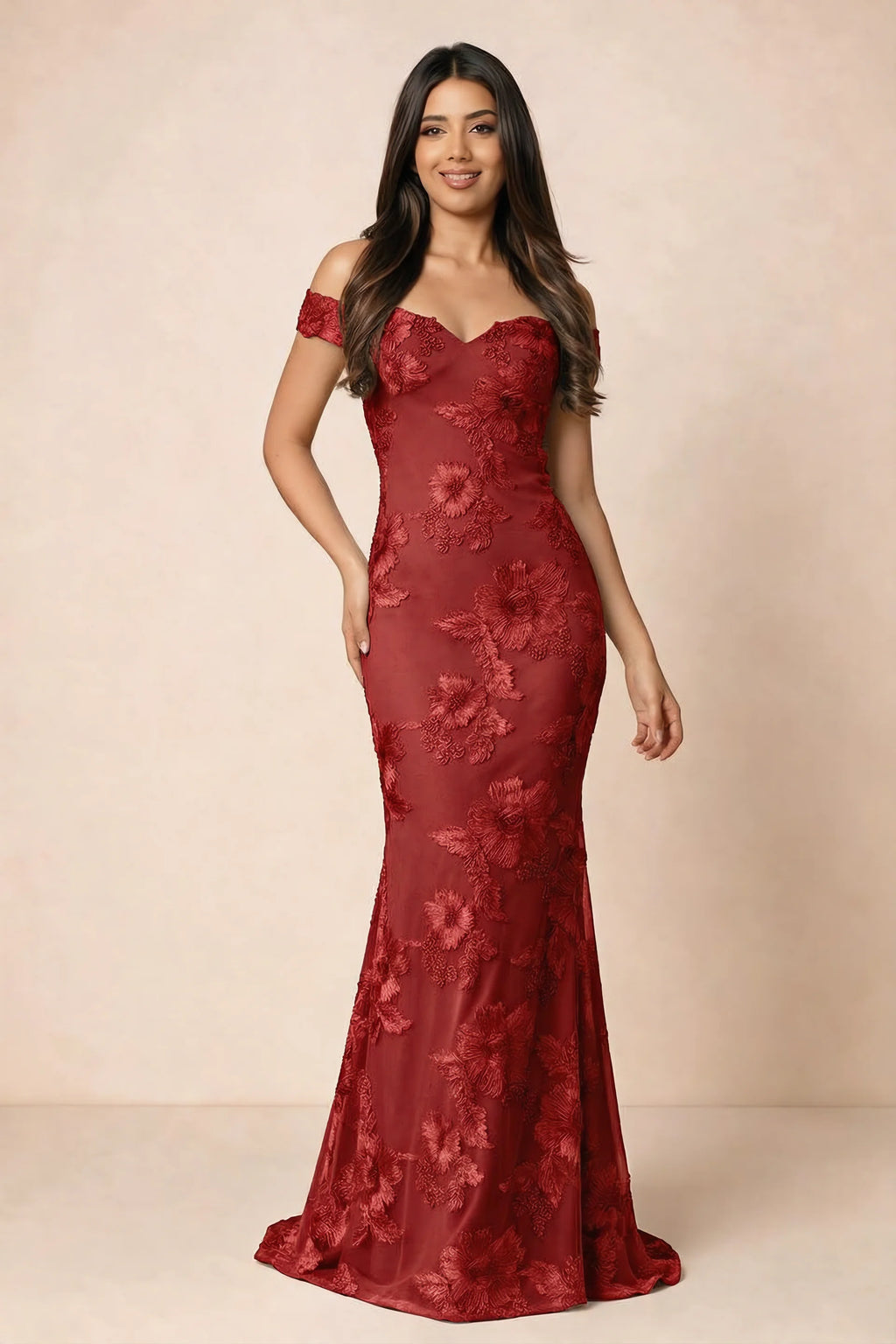 Front studio view of Bridgette red floral maxi dress with an off-shoulder sweetheart neckline