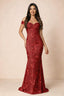 Front studio view of Bridgette red floral maxi dress with an off-shoulder sweetheart neckline
