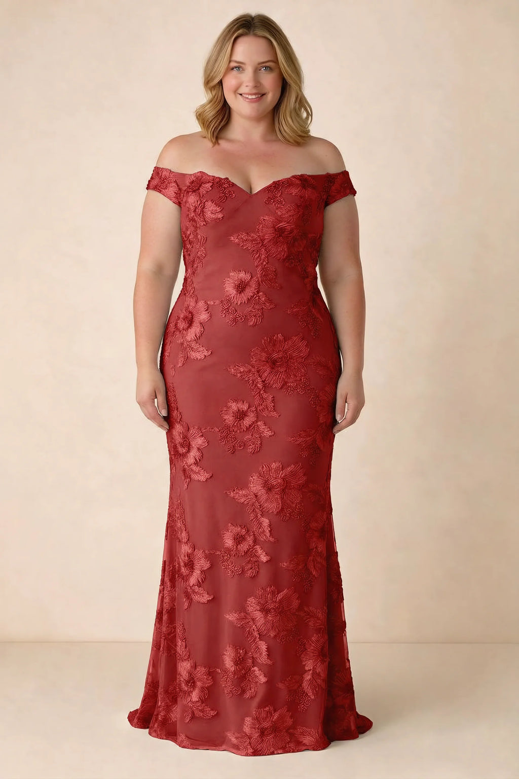 Front studio view of Bridgette red dress on a second model, showing the floral silhouette