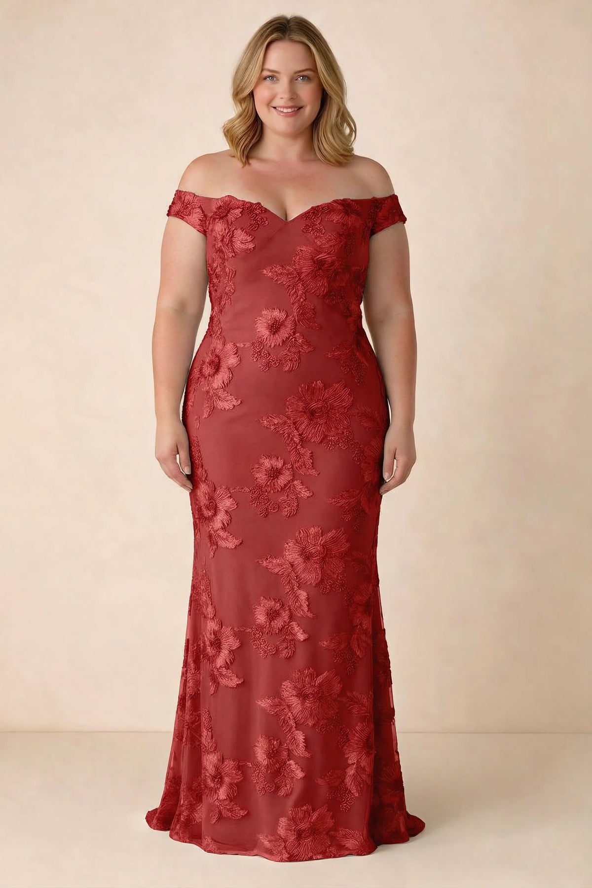 Front studio view of Bridgette red dress on a second model, showing the floral silhouette