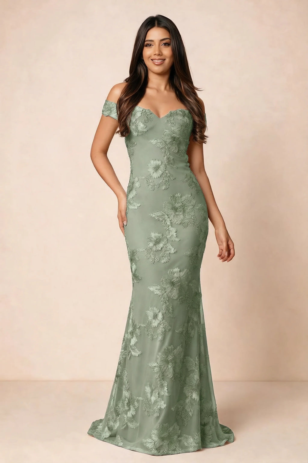 Front studio view of Bridgette sage green floral maxi dress with an off-shoulder sweetheart neckline