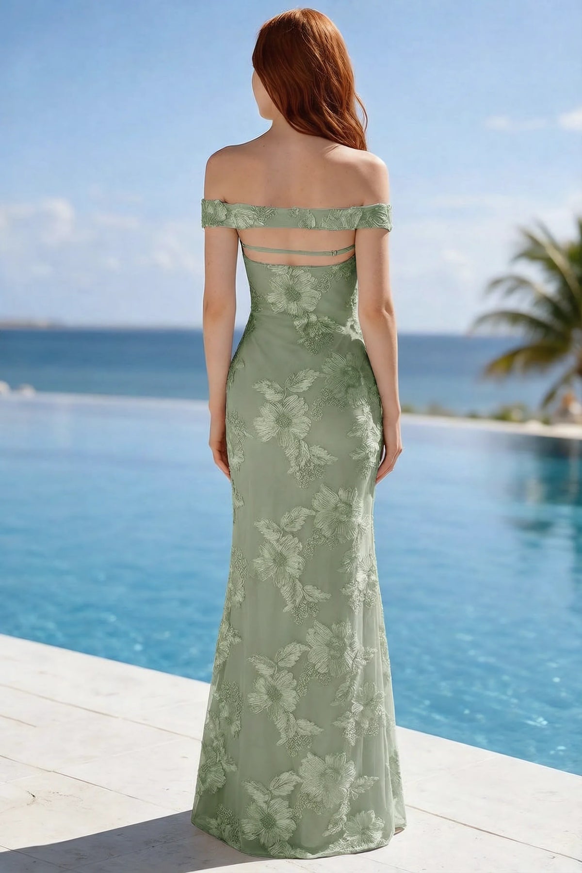 Poolside rear view of Bridgette sage green dress showing the open upper back and long hem