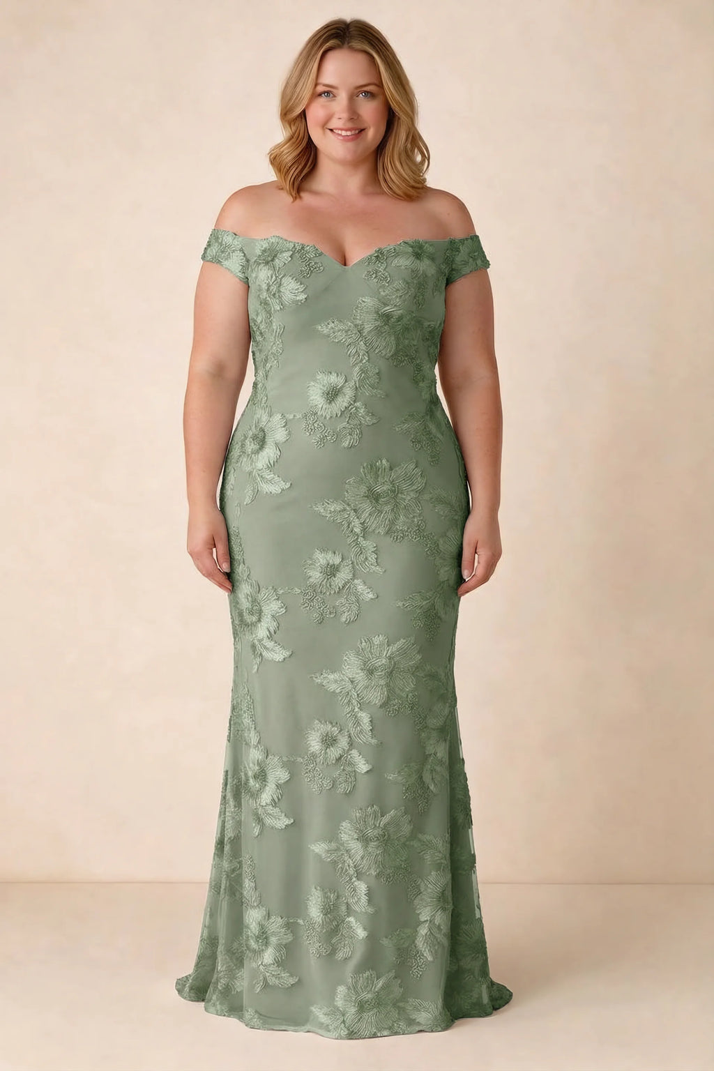 Front studio view of Bridgette sage green dress on a second model, showing the floral silhouette