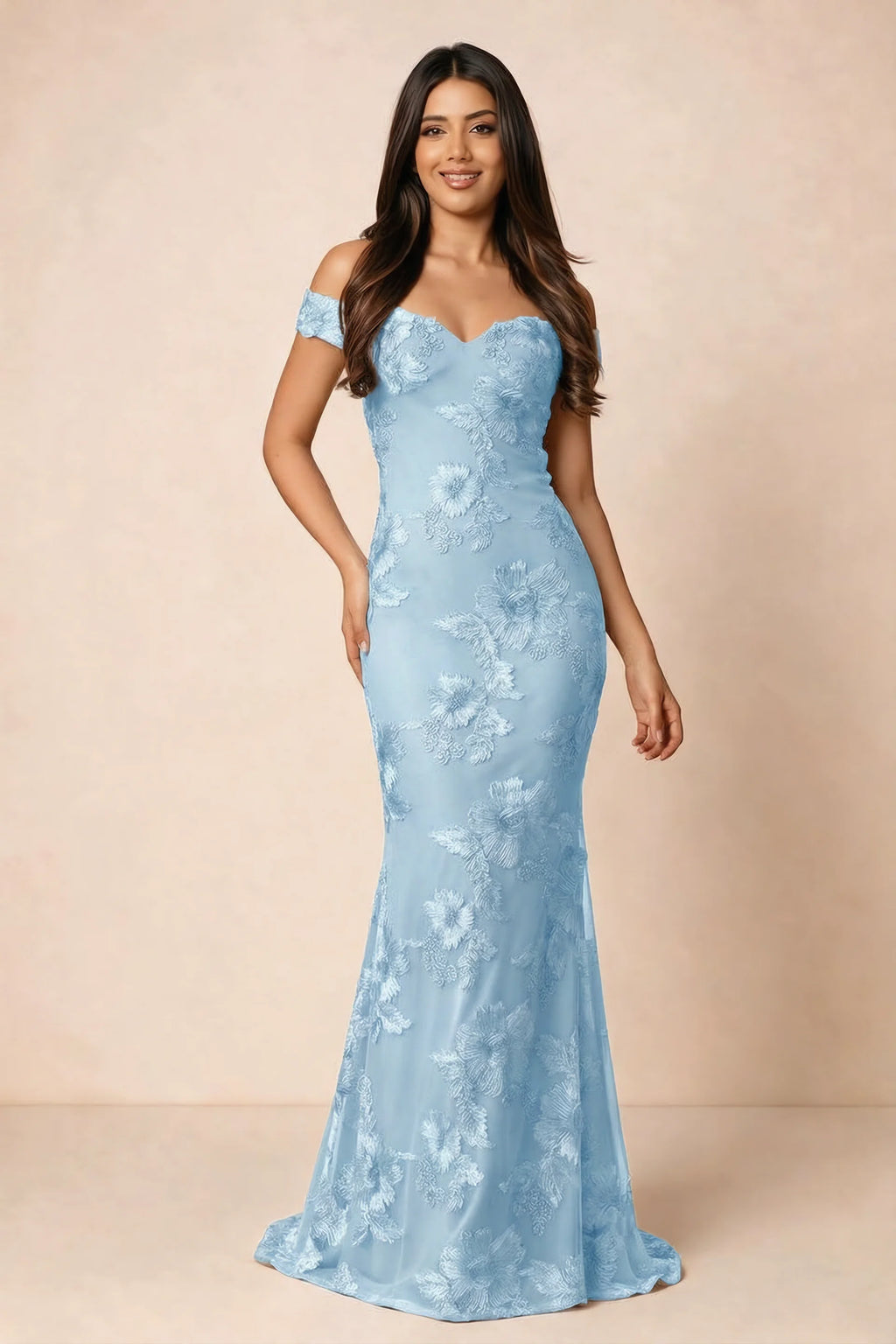 Front studio view of Bridgette sky blue floral maxi dress with an off-shoulder sweetheart neckline
