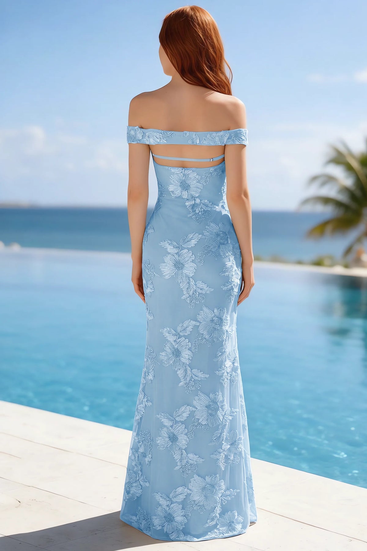 Poolside rear view of Bridgette sky blue dress showing the open upper back and long hem
