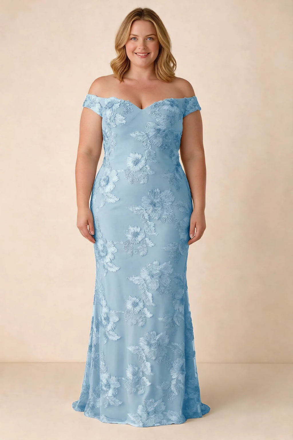 Front studio view of Bridgette sky blue dress on a second model, showing the floral silhouette
