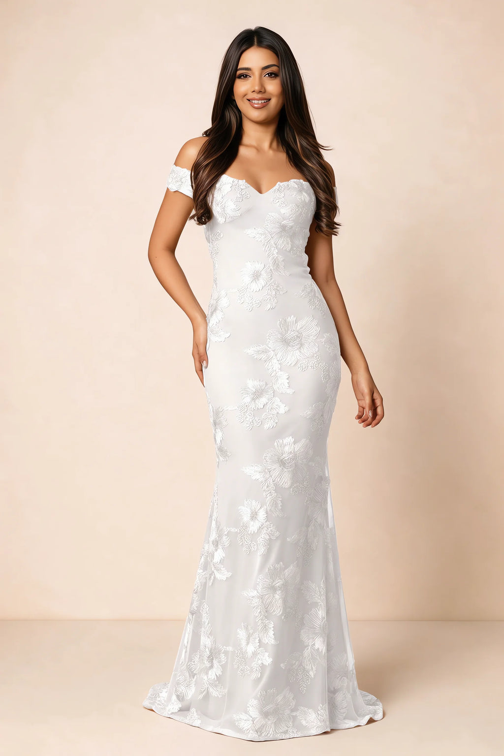 Front studio view of Bridgette white floral maxi dress with an off-shoulder sweetheart neckline