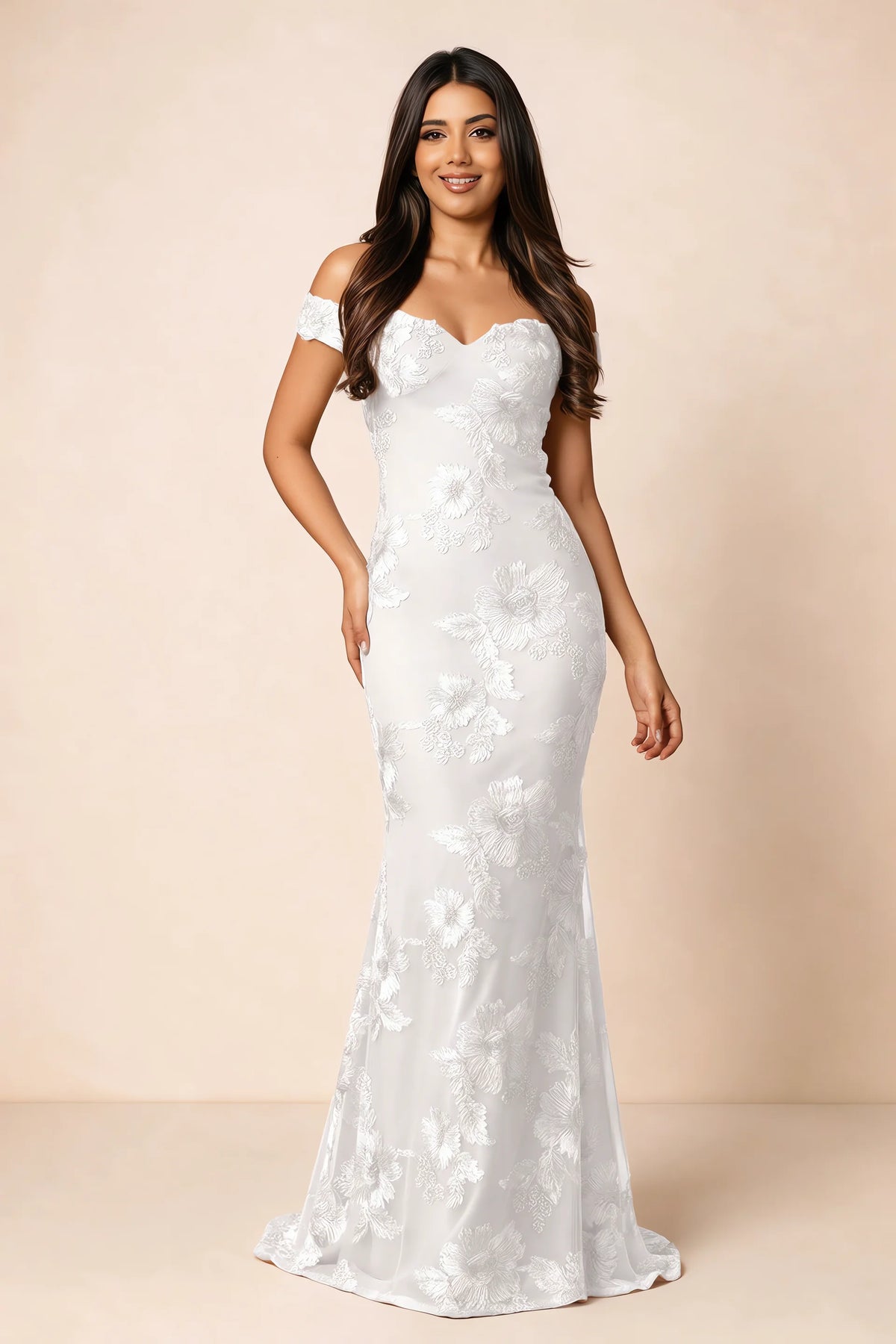 Front studio view of Bridgette white floral maxi dress with an off-shoulder sweetheart neckline