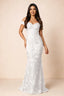 Front studio view of Bridgette white floral maxi dress with an off-shoulder sweetheart neckline