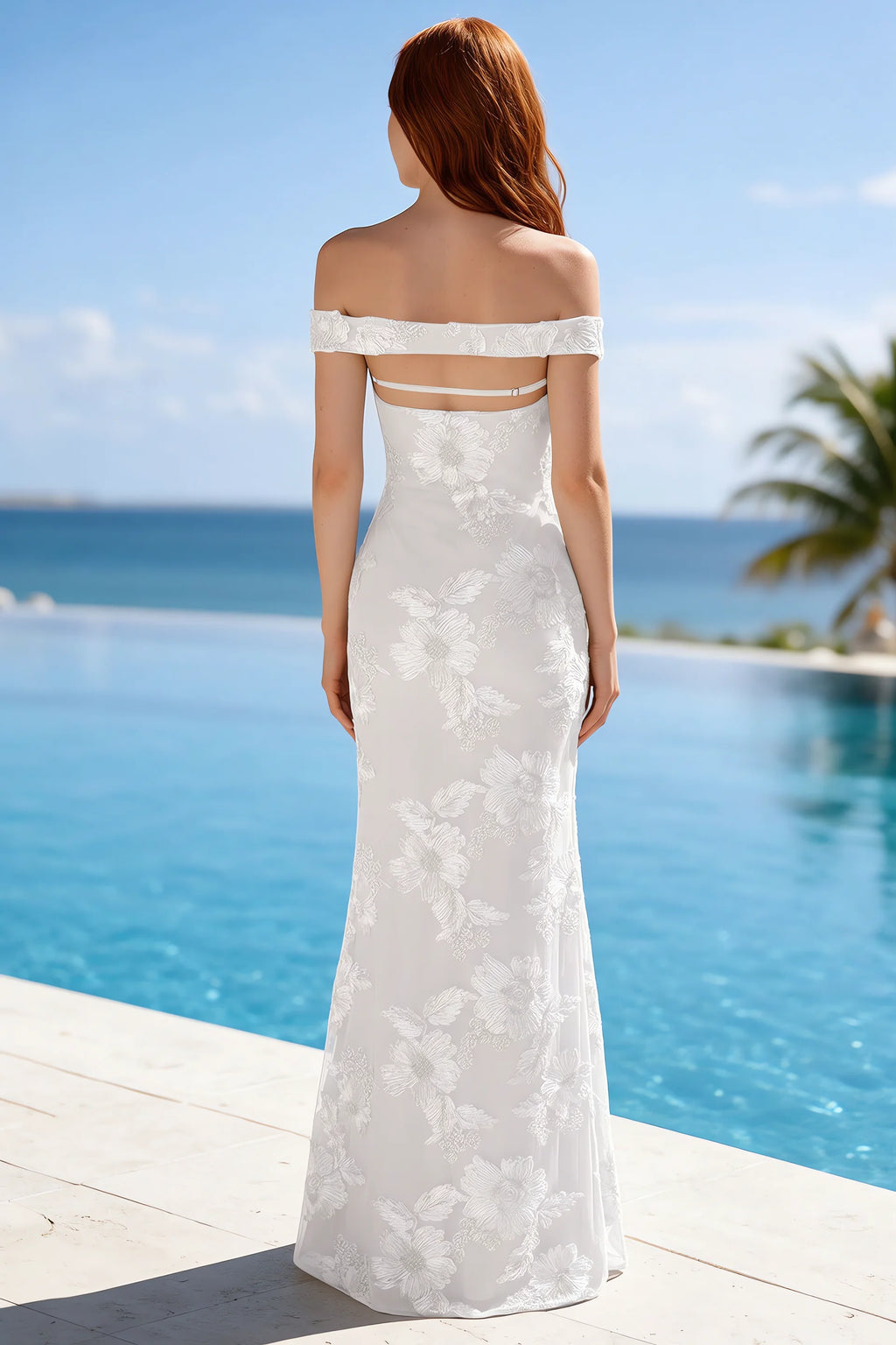 Poolside rear view of Bridgette white dress showing the open upper back and long hem