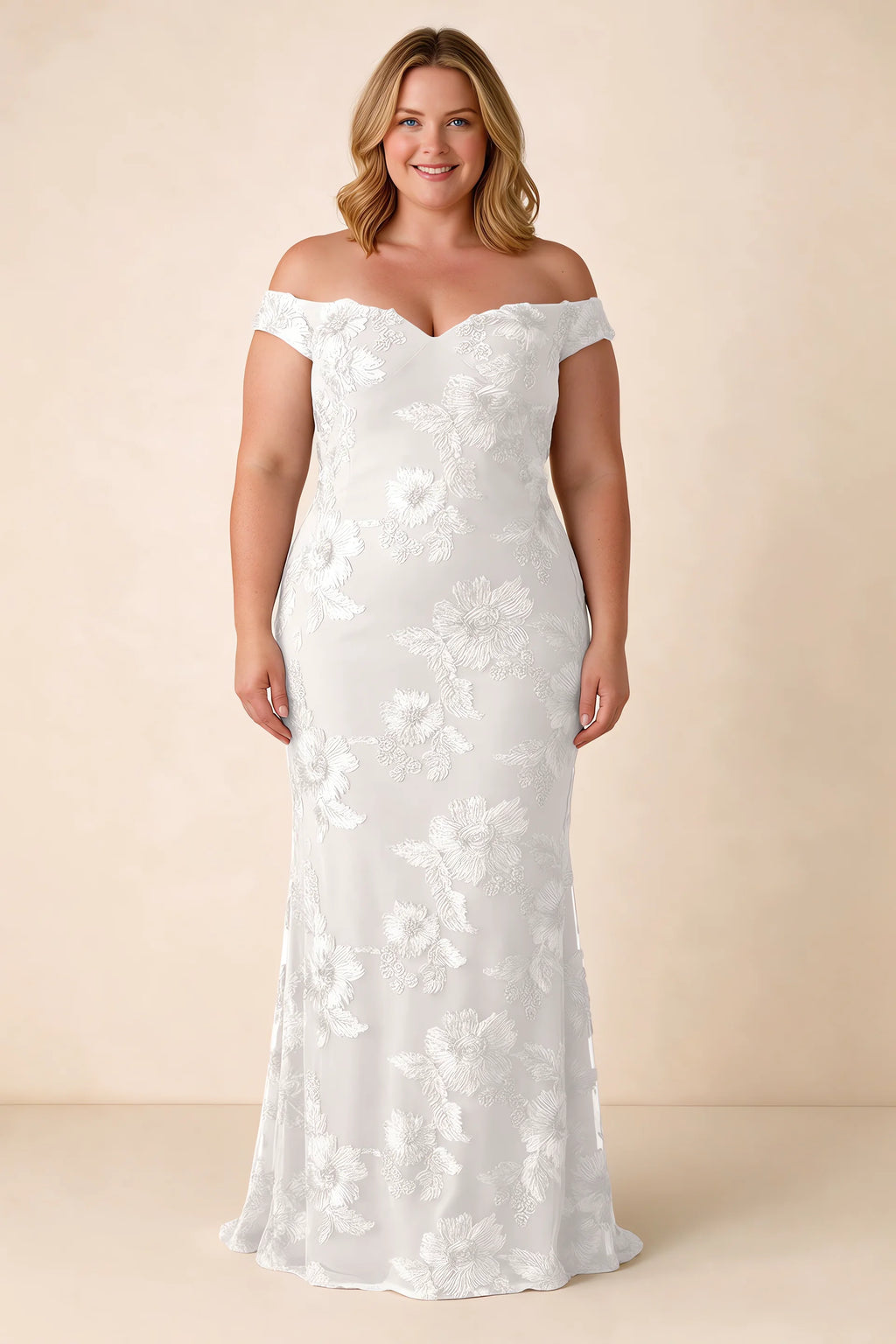 Front studio view of Bridgette white dress on a second model, showing the floral silhouette