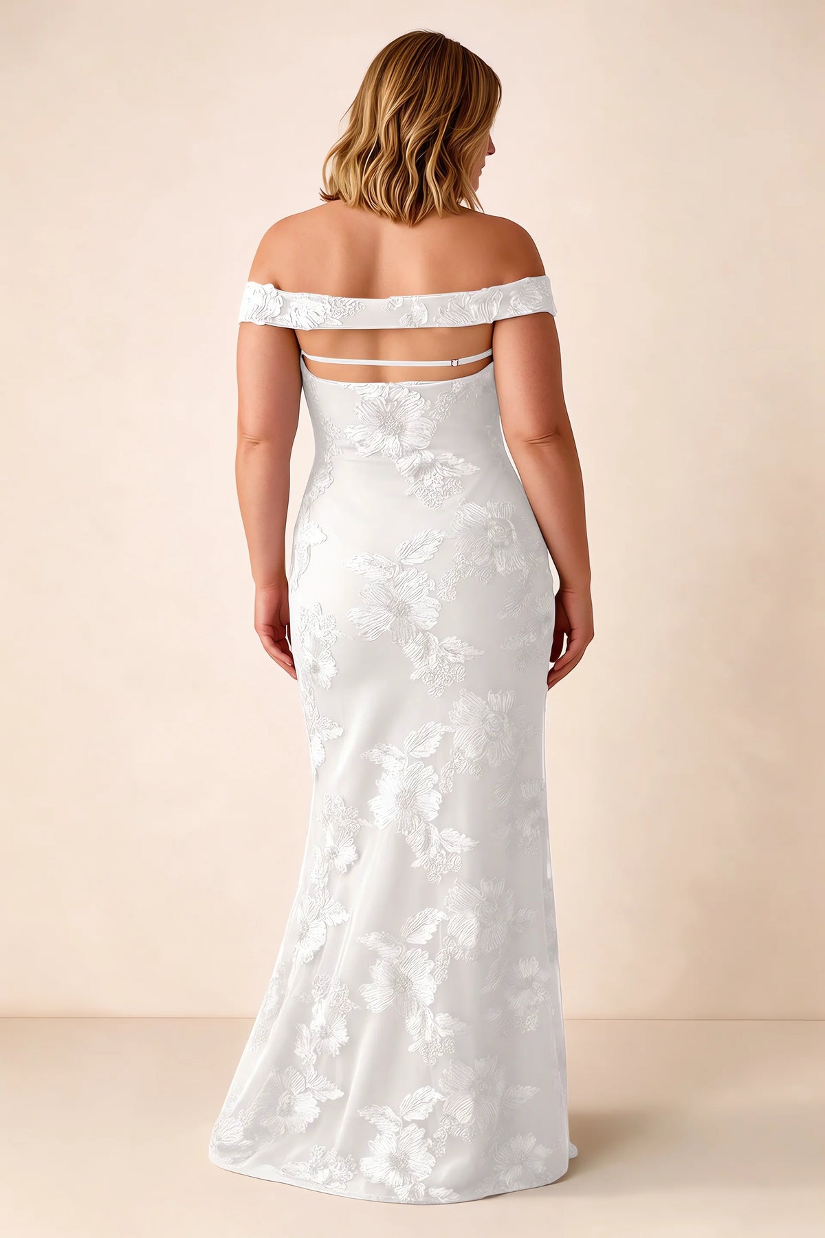 Rear studio view of Bridgette white dress on a second model, showing the flared skirt