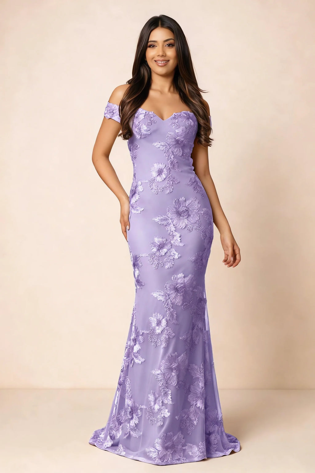 Front studio view of Bridgette wisteria floral maxi dress with an off-shoulder sweetheart neckline