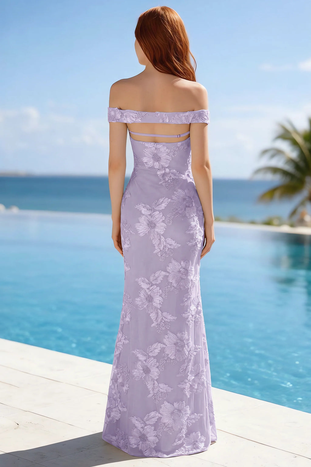 Poolside rear view of Bridgette wisteria dress showing the open upper back and long hem