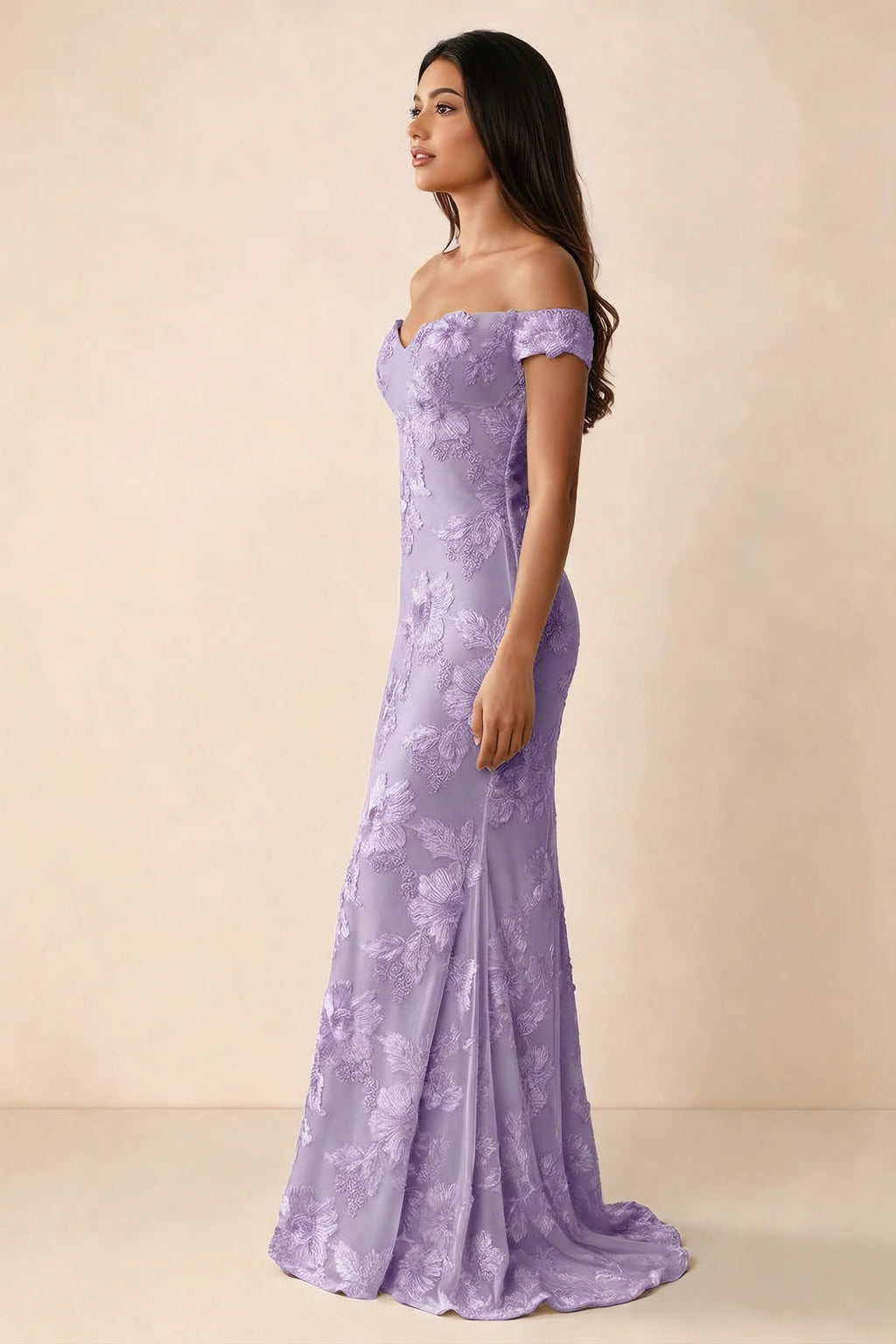Side studio view of Bridgette wisteria dress showing the fitted hips and trailing back hem