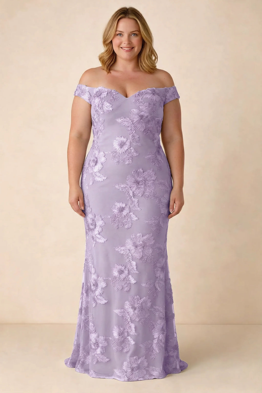 Front studio view of Bridgette wisteria dress on a second model, showing the floral silhouette