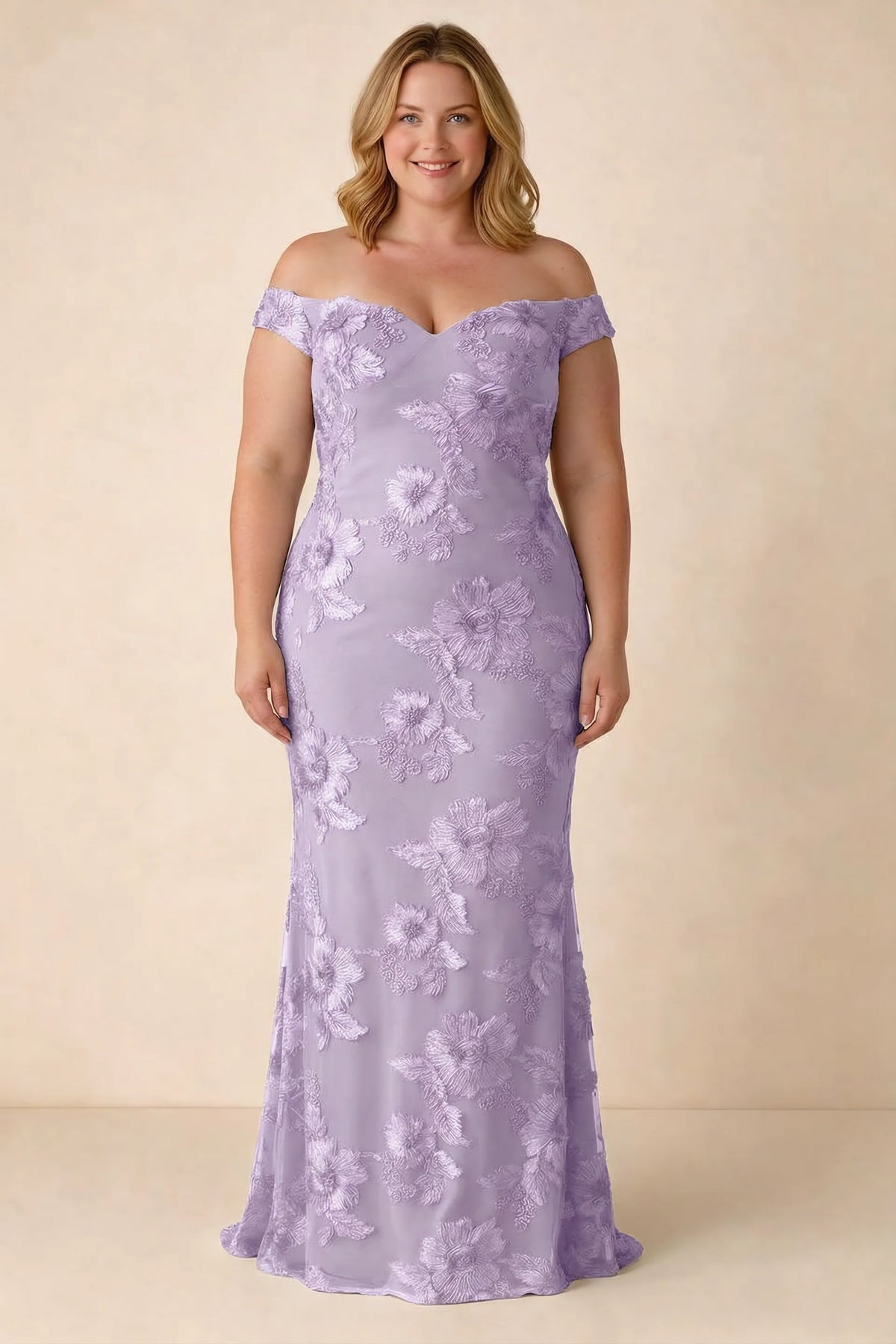 Front studio view of Bridgette wisteria dress on a second model, showing the floral silhouette
