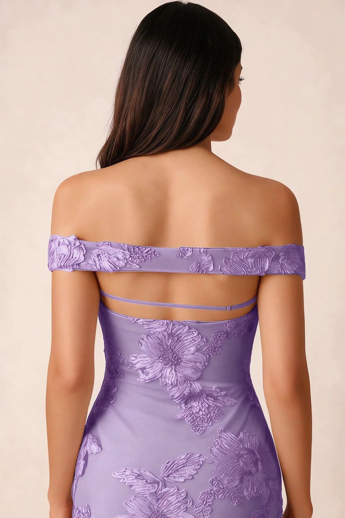 Close-up of Bridgette wisteria open back framed by the shoulder band and slim horizontal strap