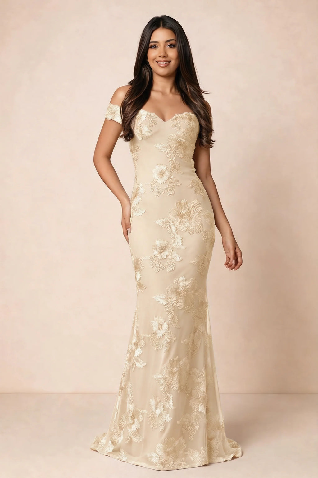 Front studio view of Bridgette yellow floral maxi dress with an off-shoulder sweetheart neckline