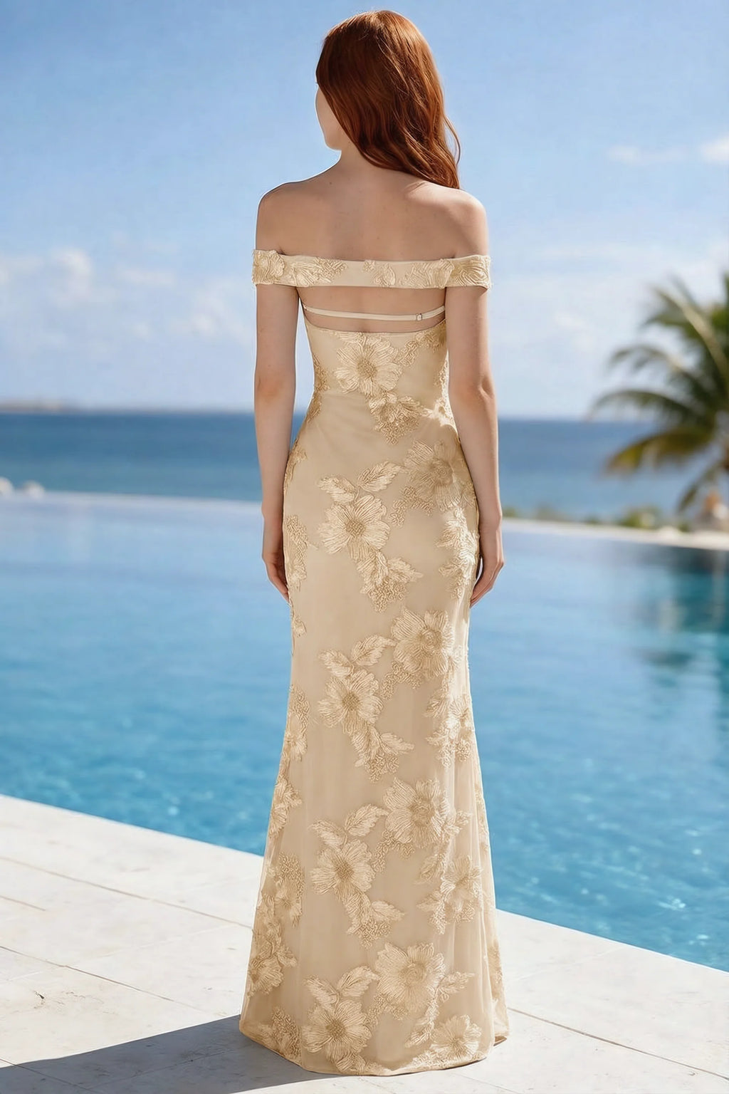 Poolside rear view of Bridgette yellow dress showing the open upper back and long hem