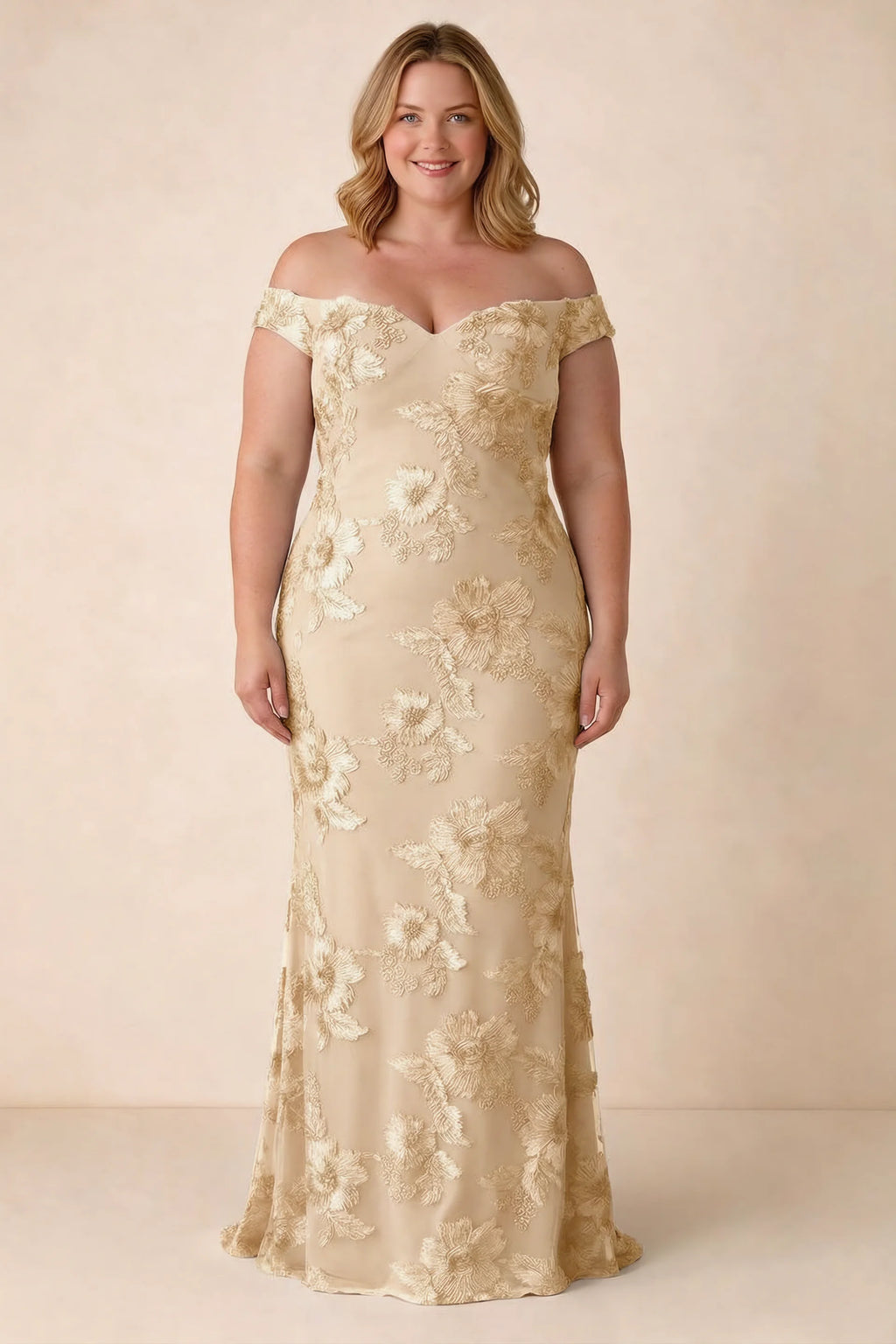 Front studio view of Bridgette yellow dress on a second model, showing the floral silhouette